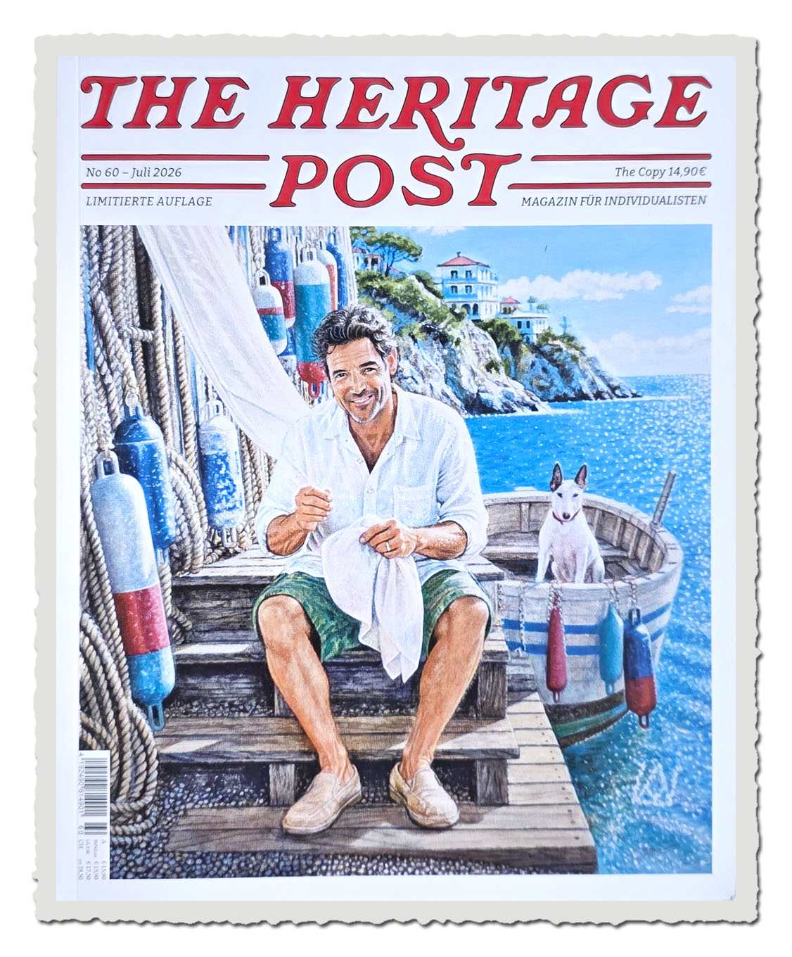 Cover der The Heritage Post Ausgabe 60 mit illustriertem Mann und Hund auf einem Boot vor mediterraner Küste.